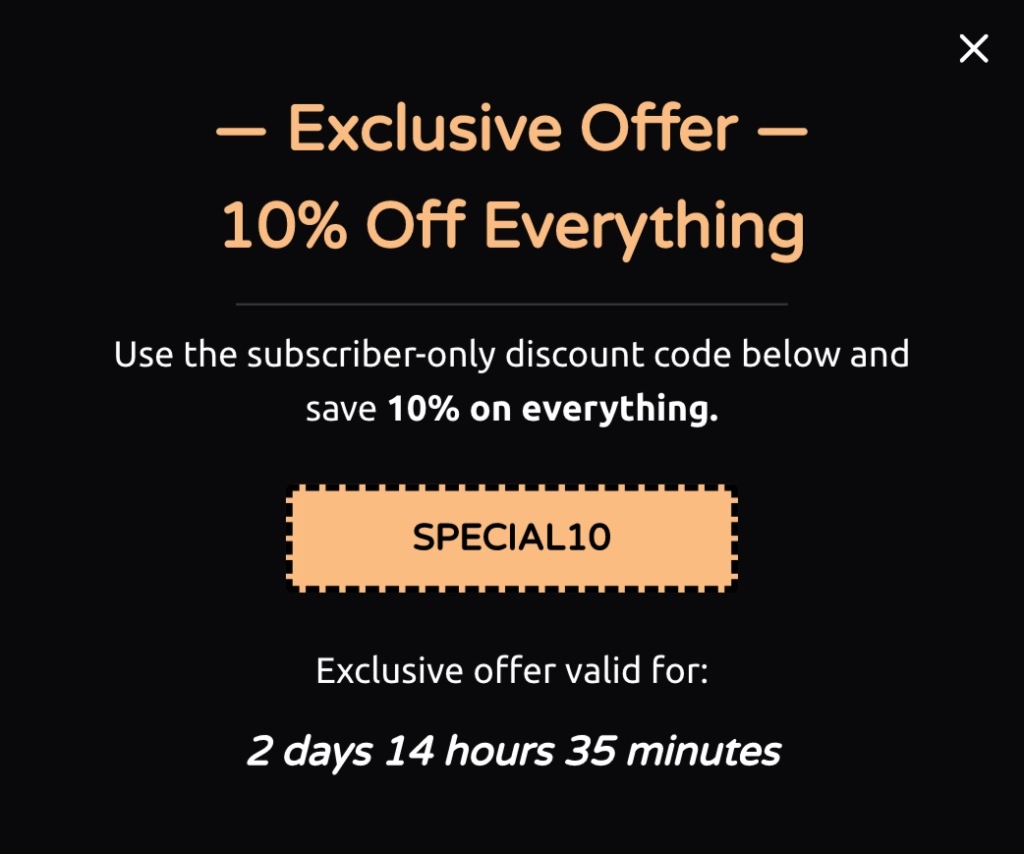 Exclusive Offer 10% Popup