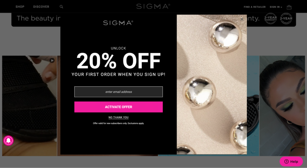 sigma beauty save 20% popup