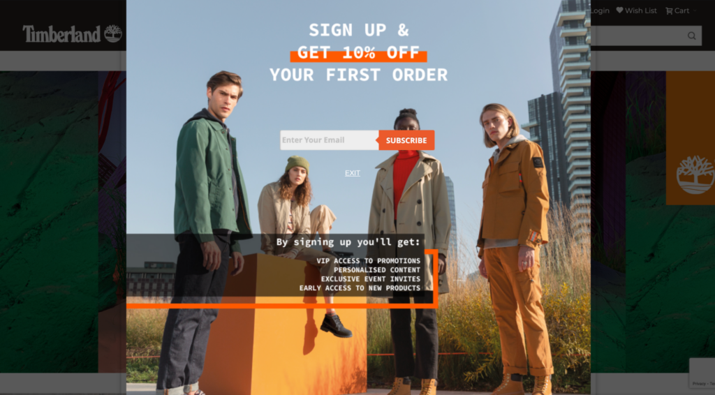 Timberland save 10% popup