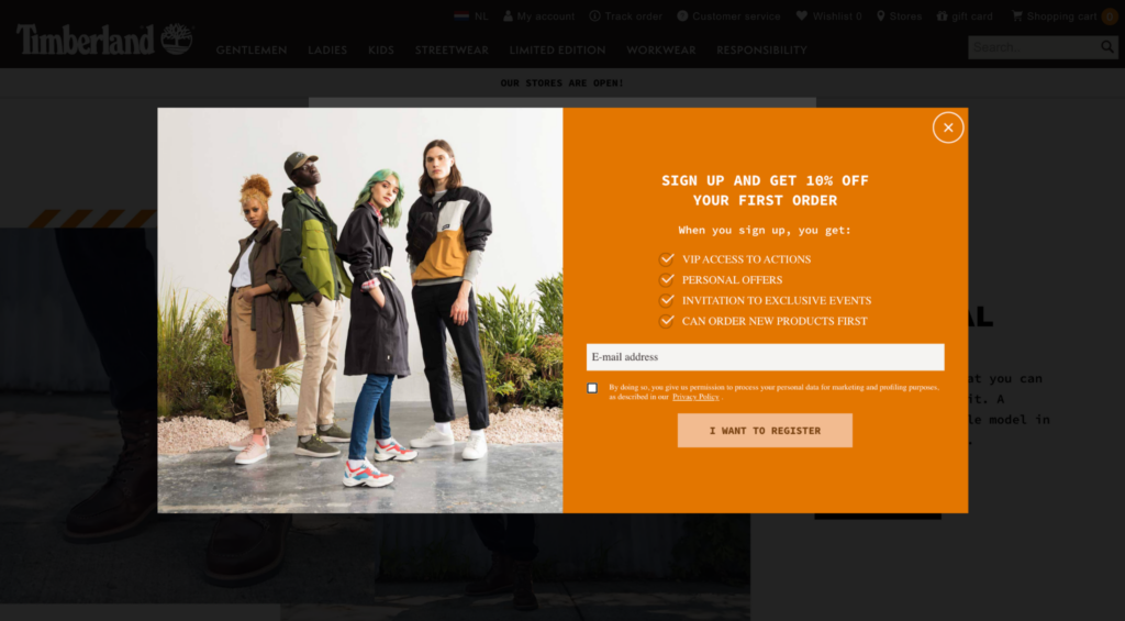 timberland save 10% popup