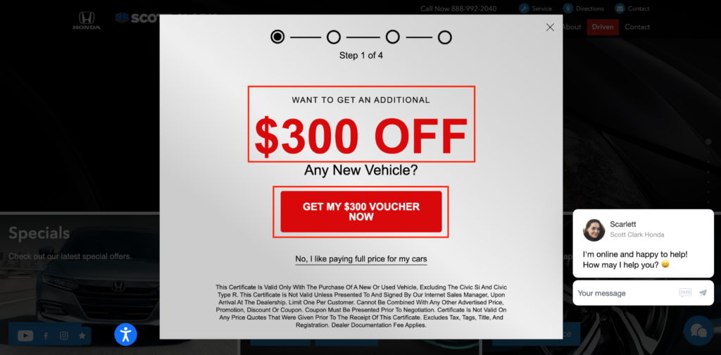 Scott Clark Honda Voucher Popup