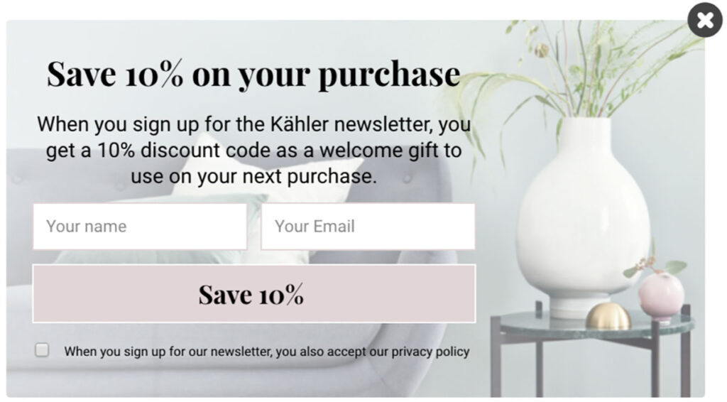 Kähler save 10% popup