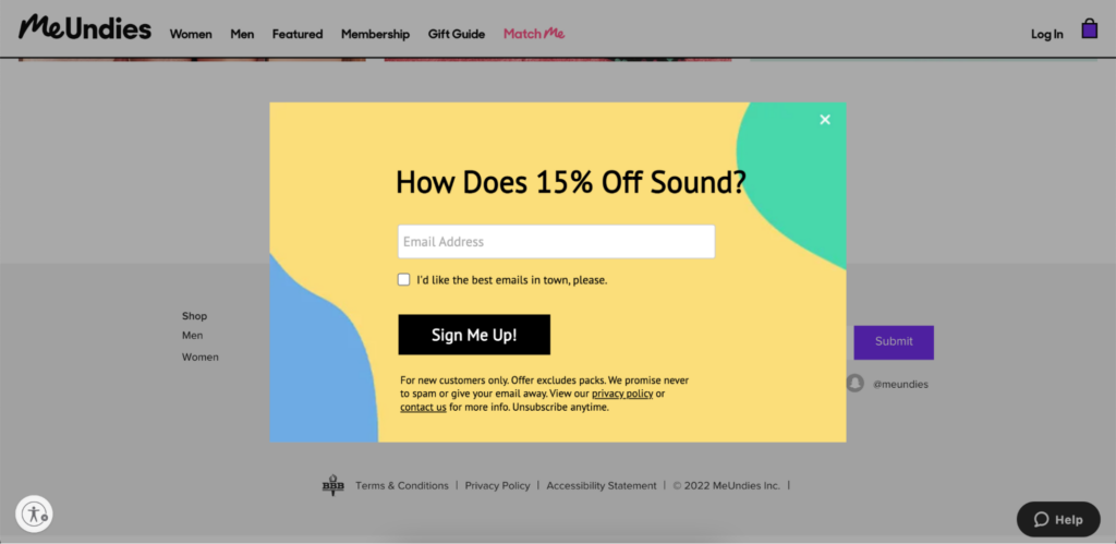 MeUndies popup