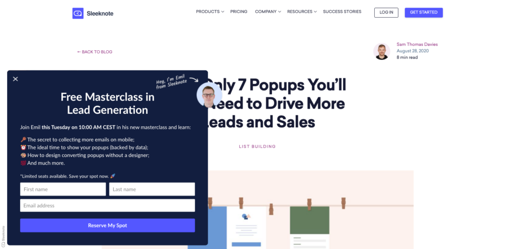 free sleeknote masterclass popup