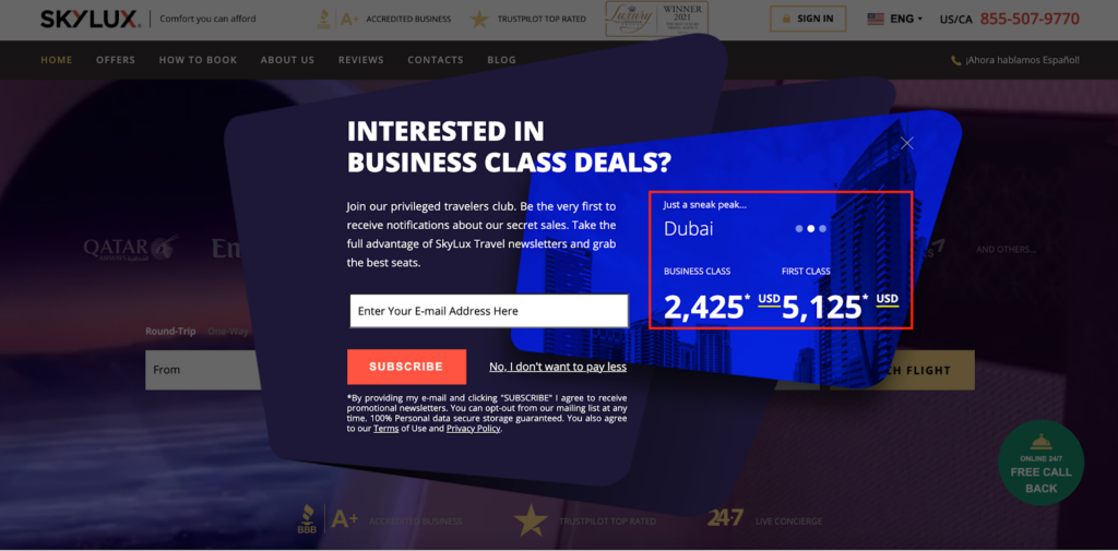 SkyLux Travel Popup