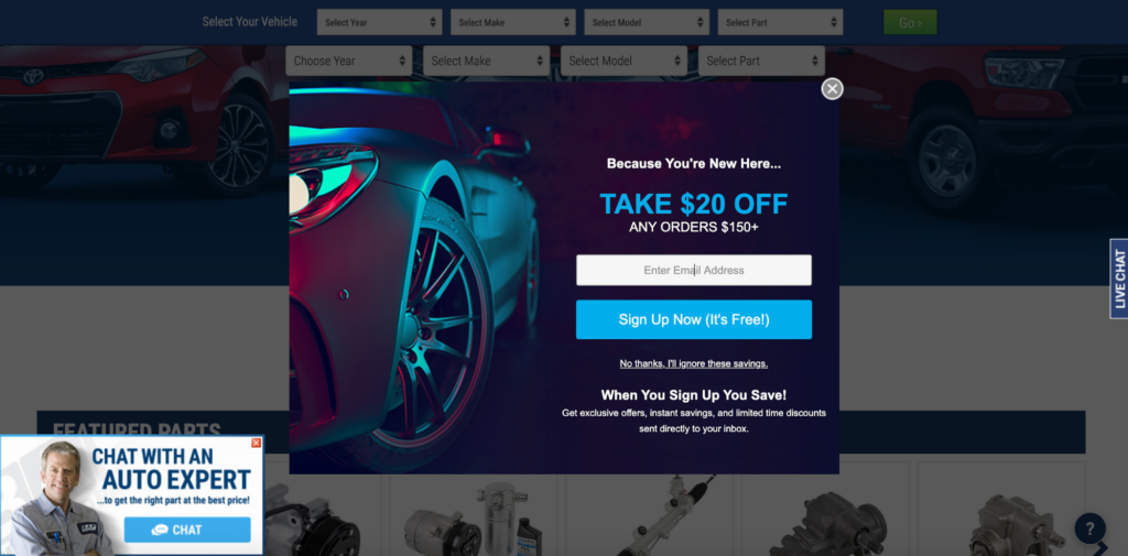 Buy Auto Part Discount Popup