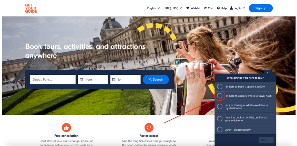 GetYourGuide what brings you here today popup