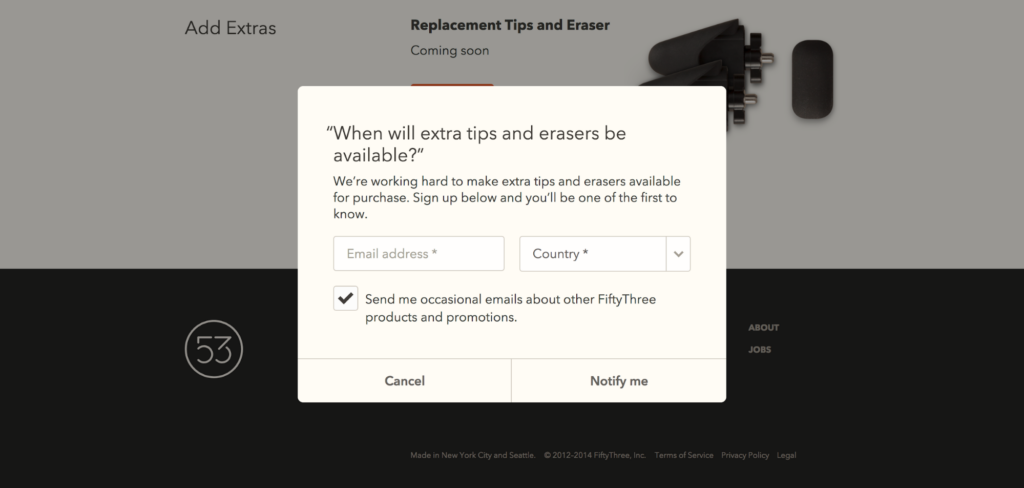 FiftyThree online store notification