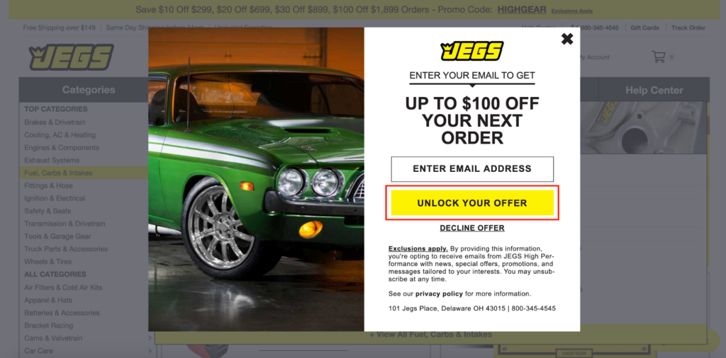 JEGS High Performance Parts Offer Popup