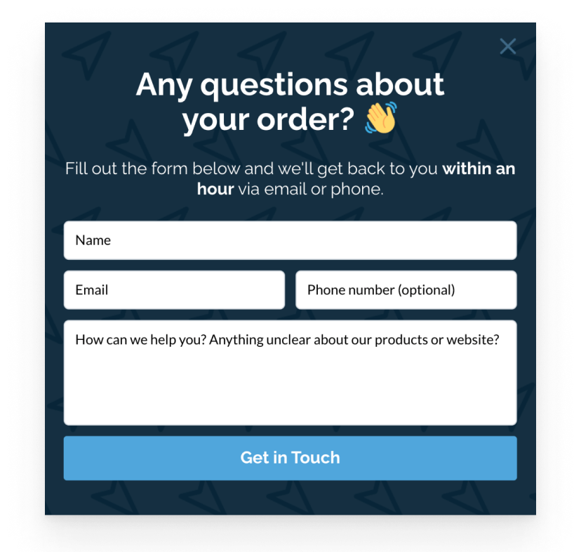 exit intent popup questions contact form