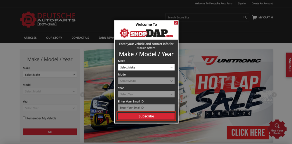 Deutsche Auto Parts Future Updates Popup