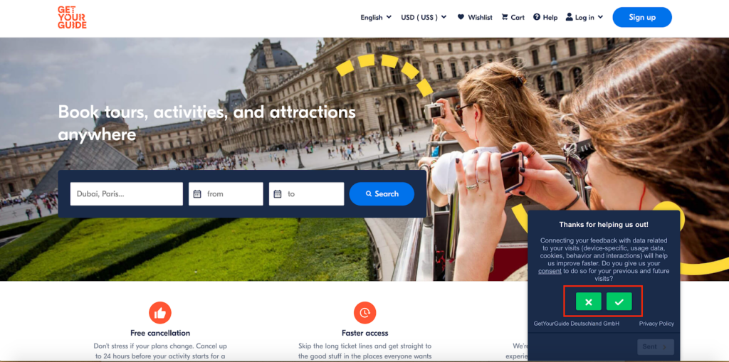 GetYourGuide what brings you here today popup
