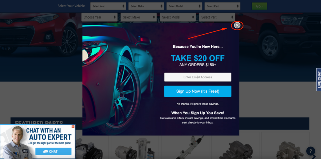 Buy Auto Part Discount Popup