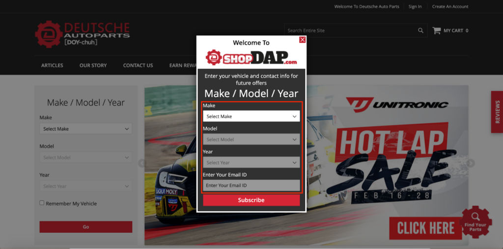 Deutsche Auto Parts Future Updates Popup