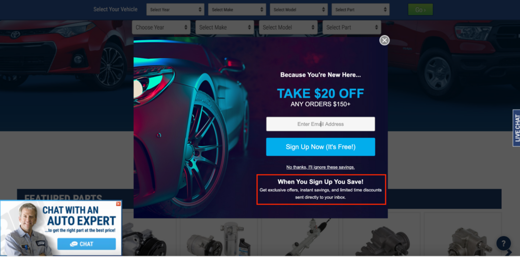 Buy Auto Part Discount Popup