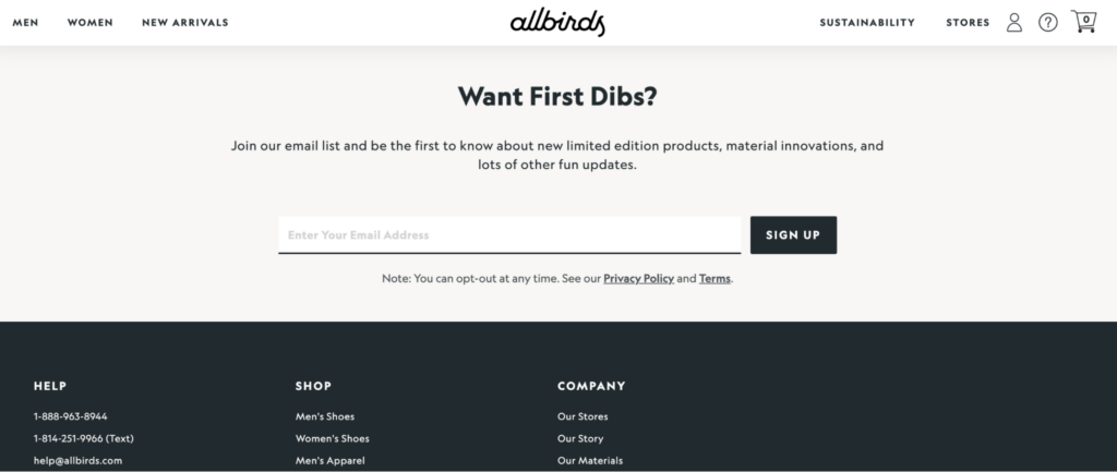 Allbirds embedded newsletter