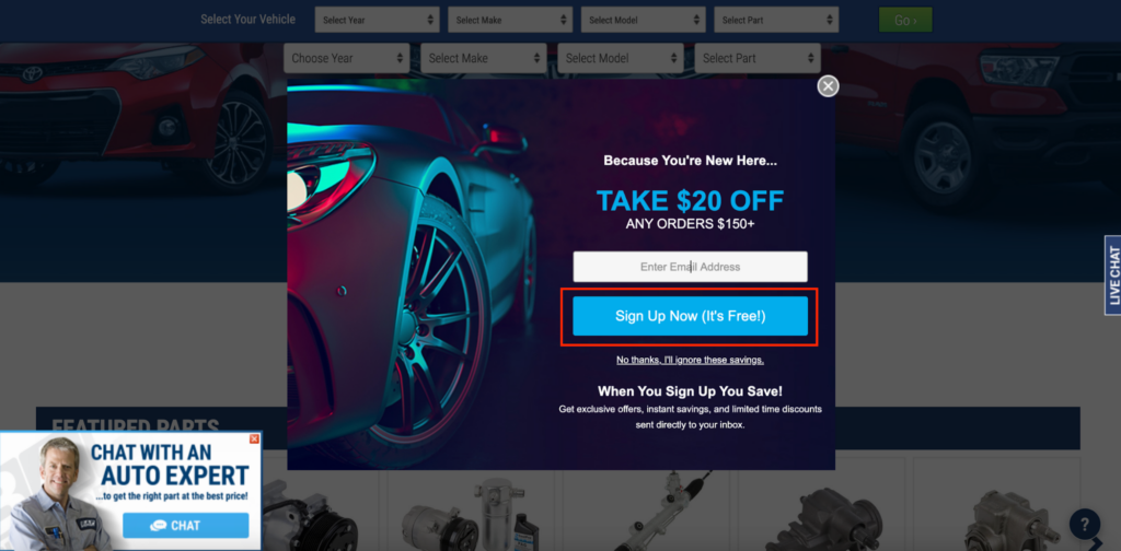 Buy Auto Part Discount Popup