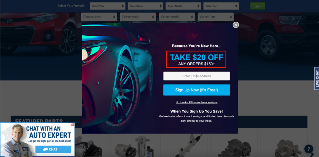 Buy Auto Part Discount Popup