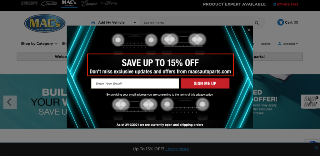 Mac’s Auto Parts Discount Popup