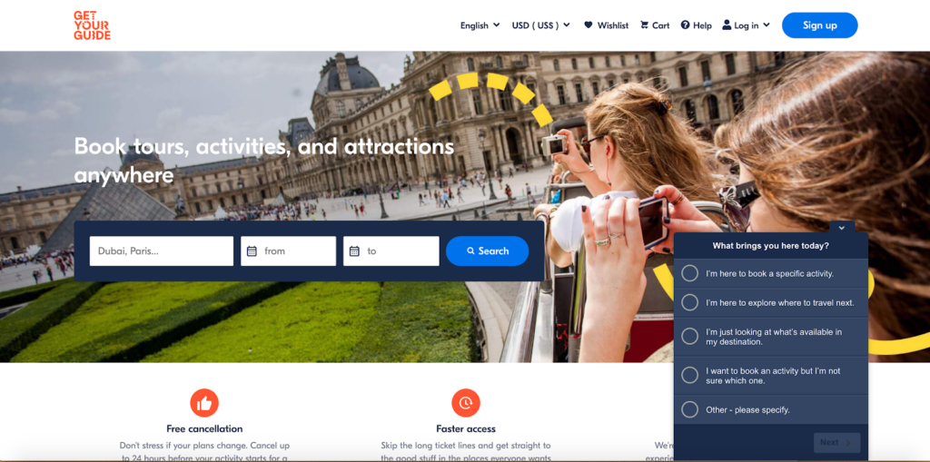GetYourGuide what brings you here today popup