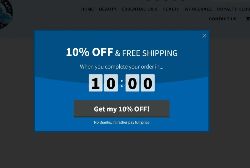 three drops of life 10% off popup