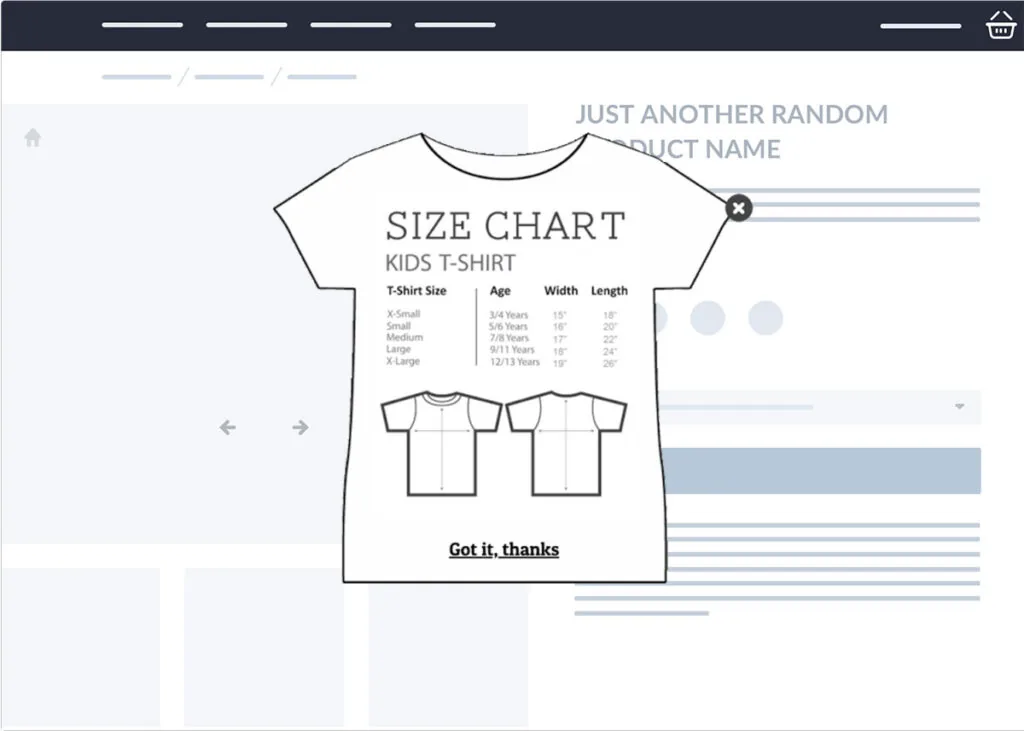 Size chart popup
