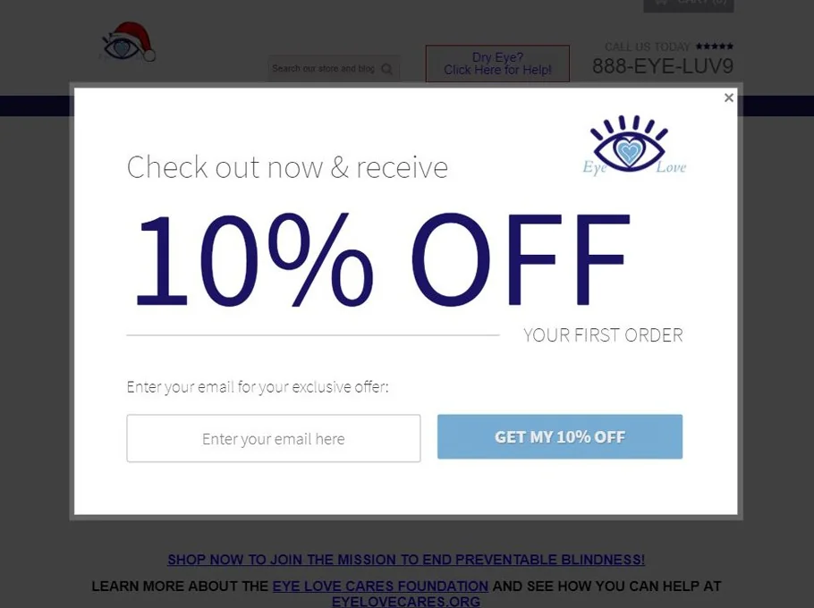 Eye love 10% off first order popup