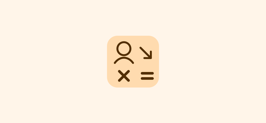 Icon for a Churn Rate calculator, illustrating a person and a downward arrow, representing churn analysis in a beige square.