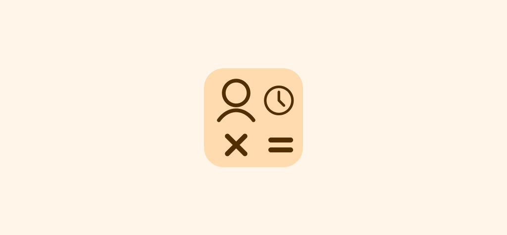 Icon for a Customer Lifetime Value (CLV) calculator, featuring a person and a clock, denoting lifetime value calculation in a beige square.