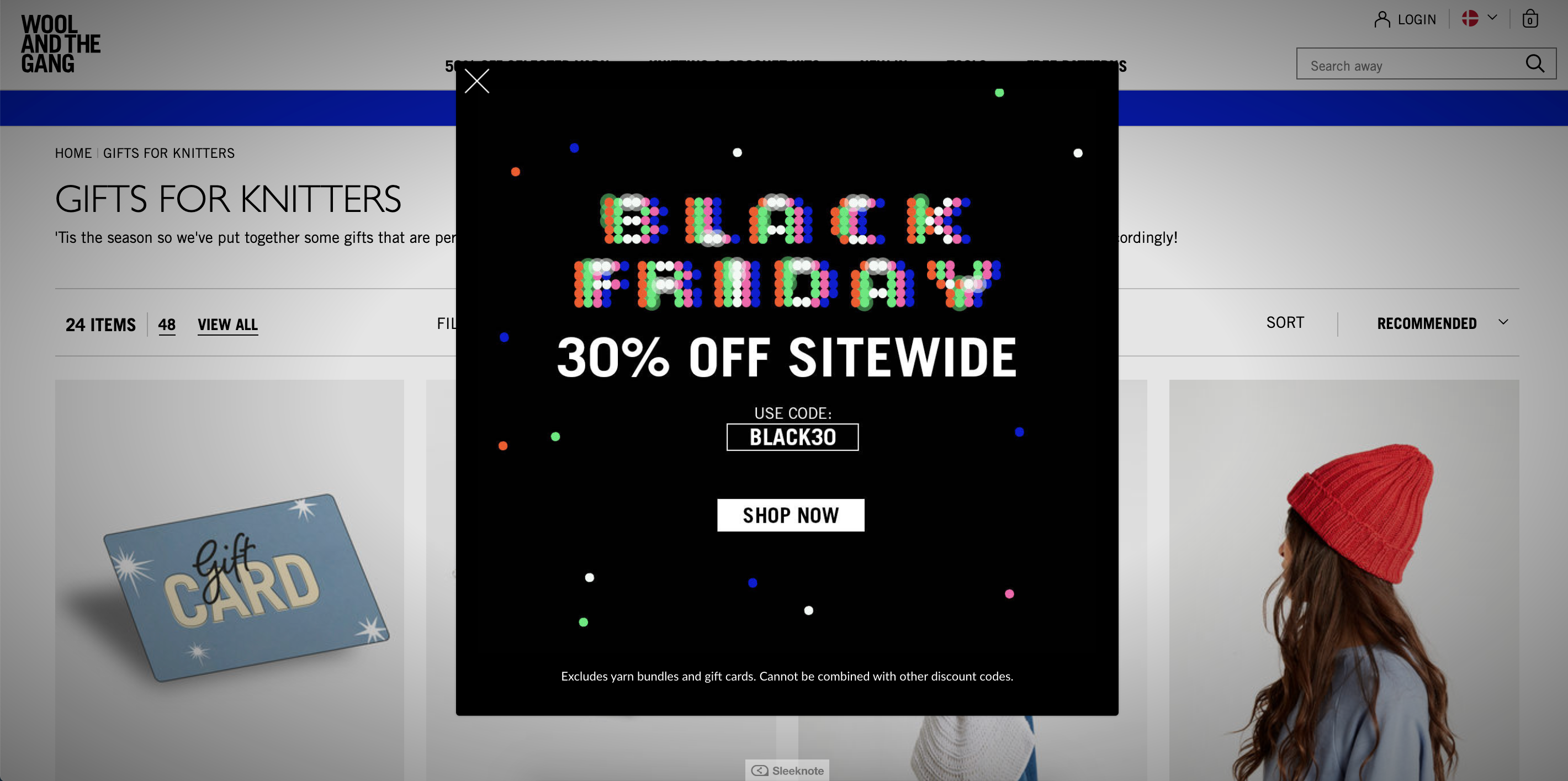 Black Friday popup format announcing 30 % off site-wide at Wool and the Gang, with code “BLACK30” and a “Shop Now” button.