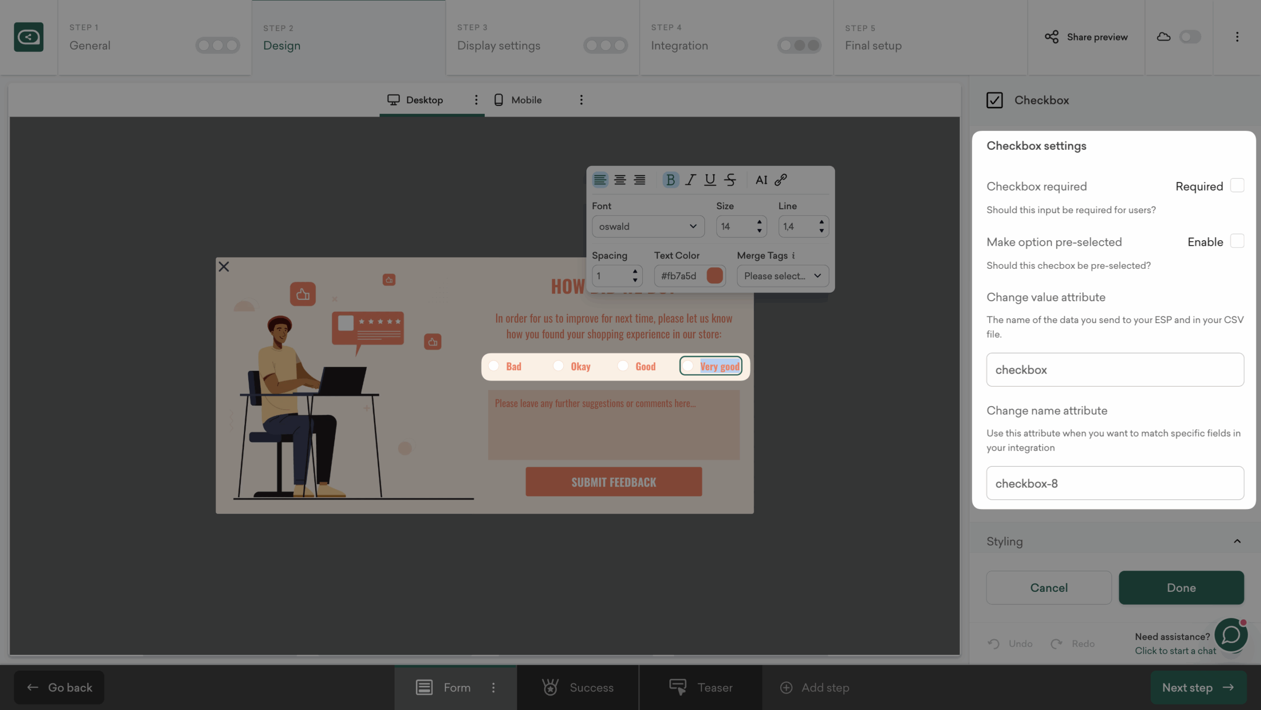 Edit checkbox field in Sleeknote Black Friday feedback popup