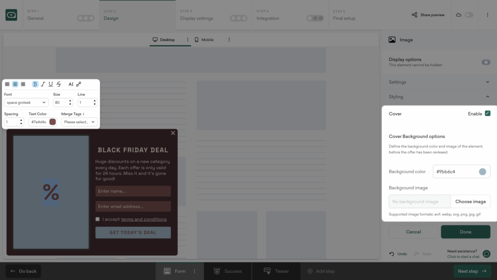 Customize Black Friday daily deals popup design in Sleeknote