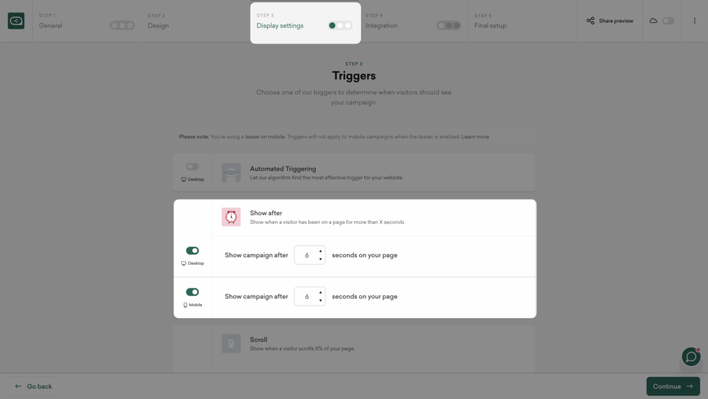 setting triggers for popup