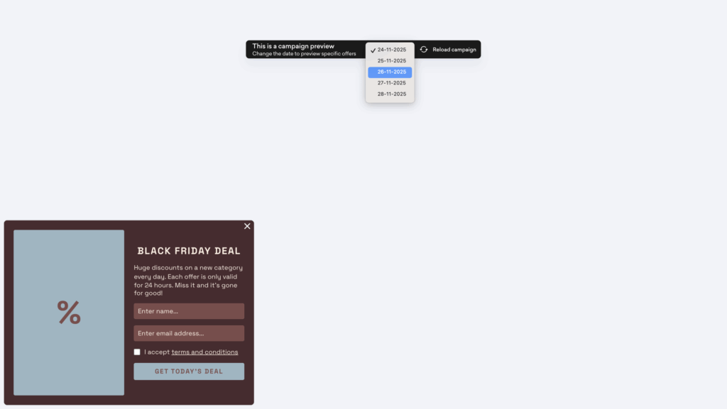 Preview your Black Friday daily deals popup before launch