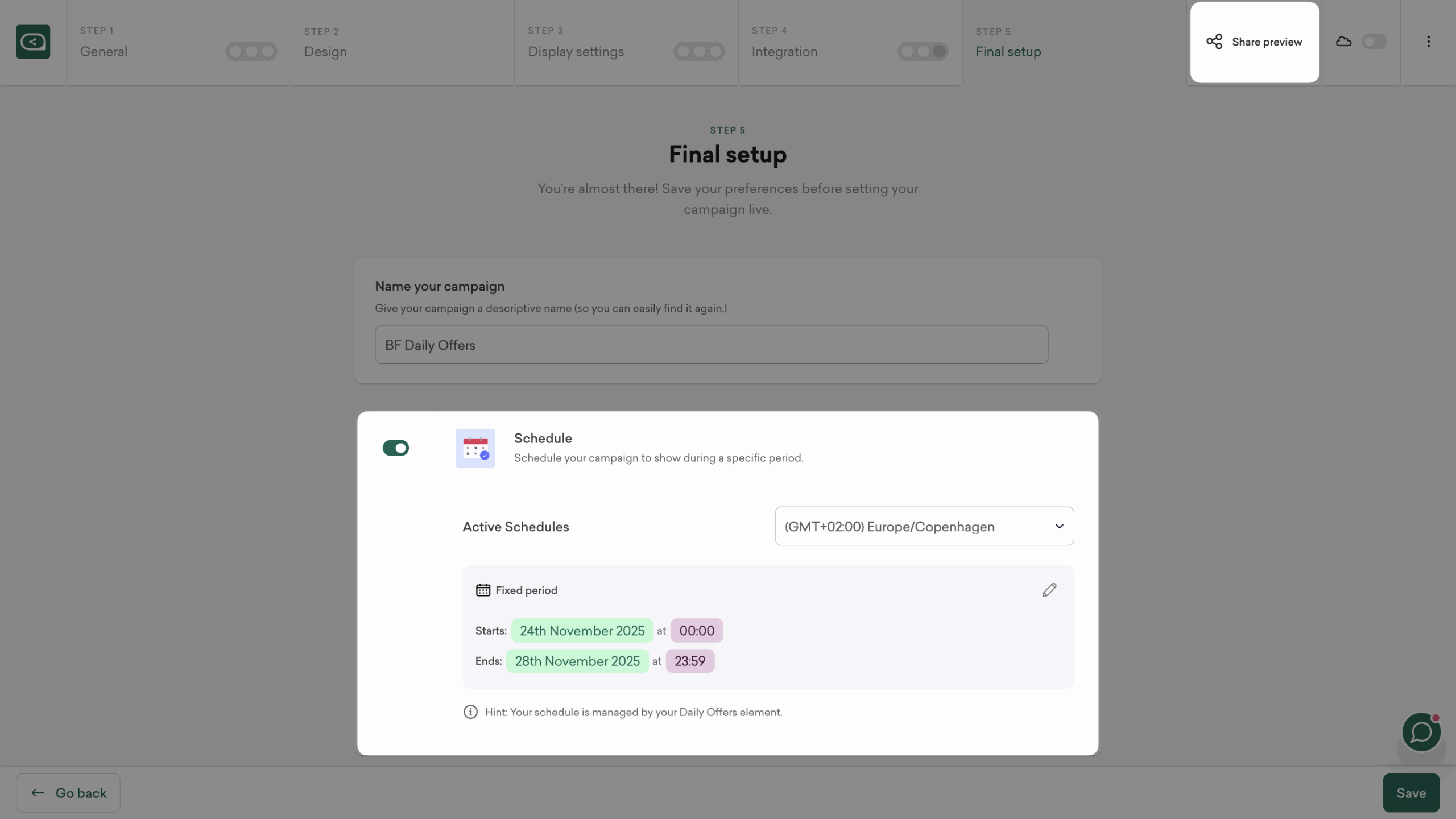 Scheduling activation for black friday scratch card popup in Sleeknote