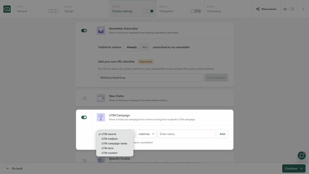 Set UTM rules to show your popup only to ad visitors