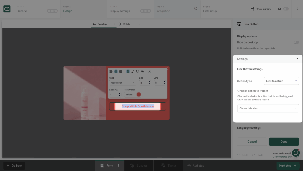 Configure CTA behavior for cart popup