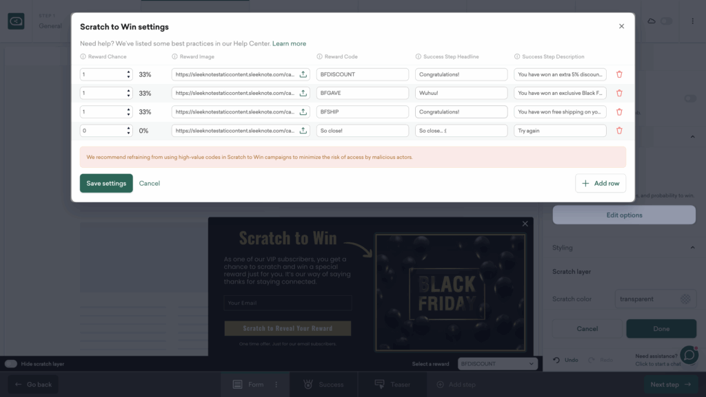 Setting up rewards in Sleeknote scratch card popup editor