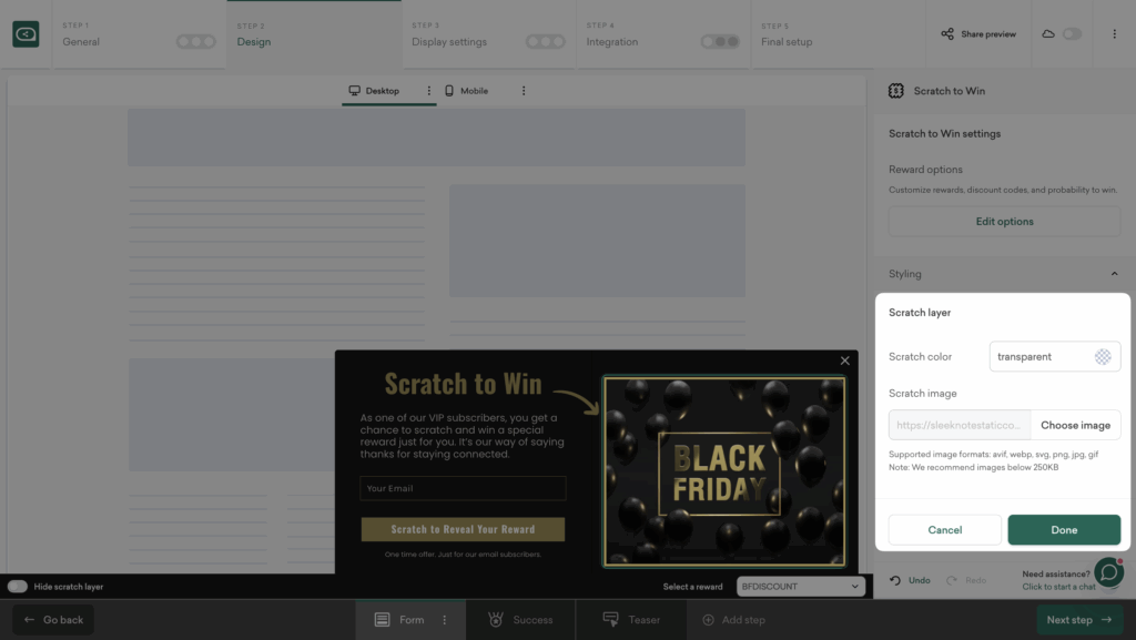 Scratch layer design settings in Sleeknote