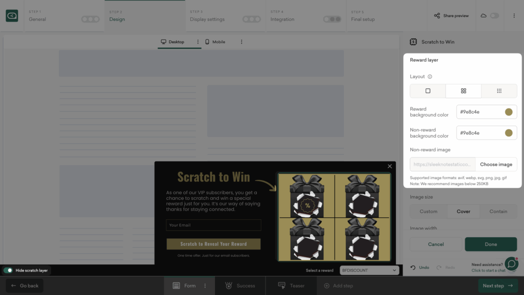 Reward layer design options for scratch card in Sleeknote