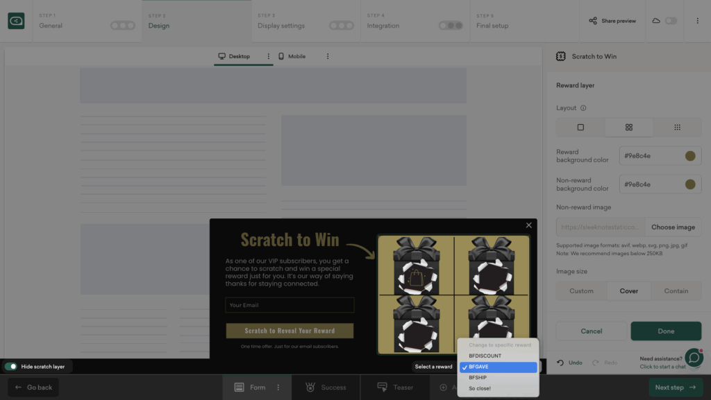 Previewing scratch card rewards in Sleeknote editor