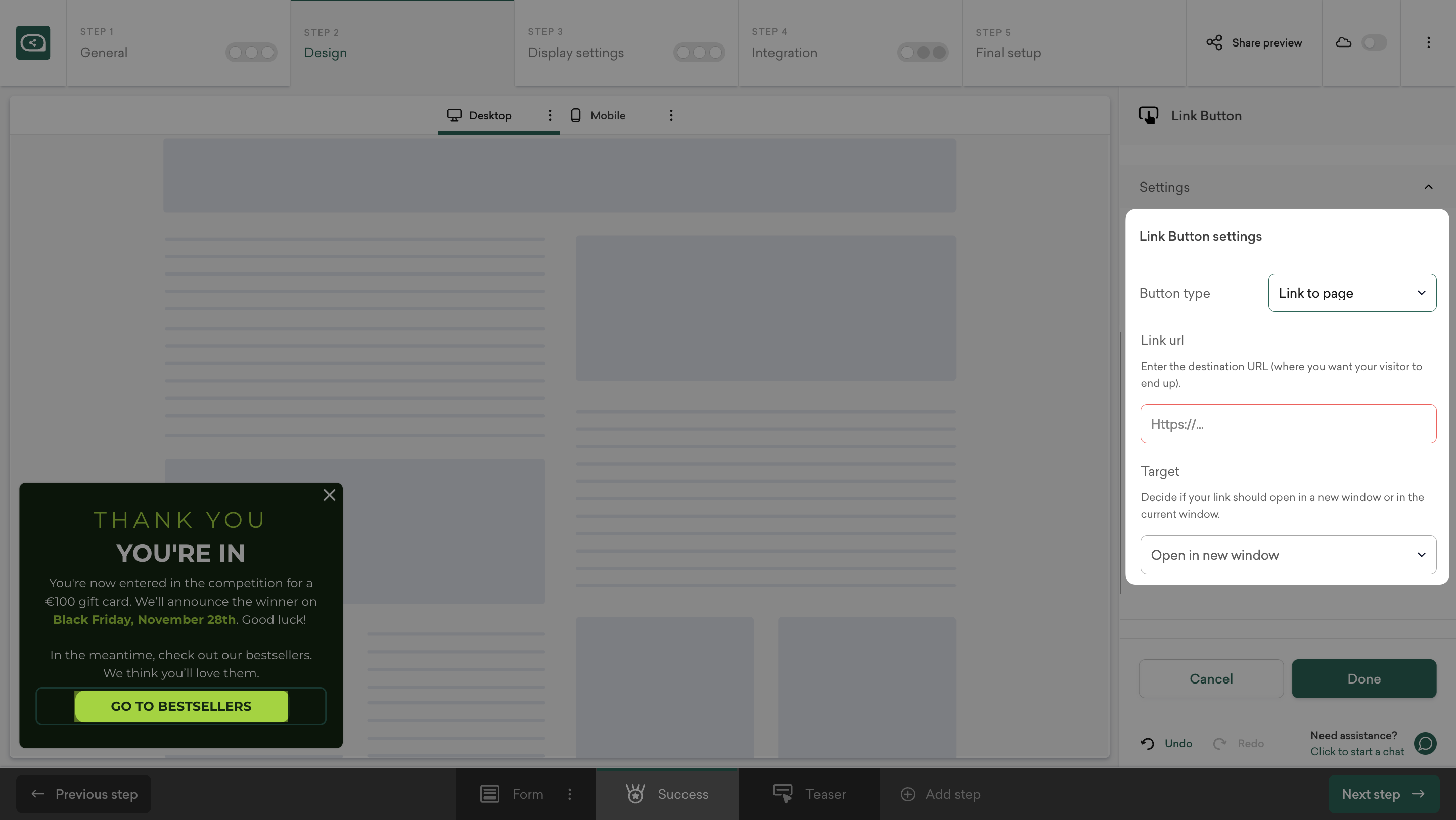 Edit the giveaway popup success step to confirm entry and show next steps