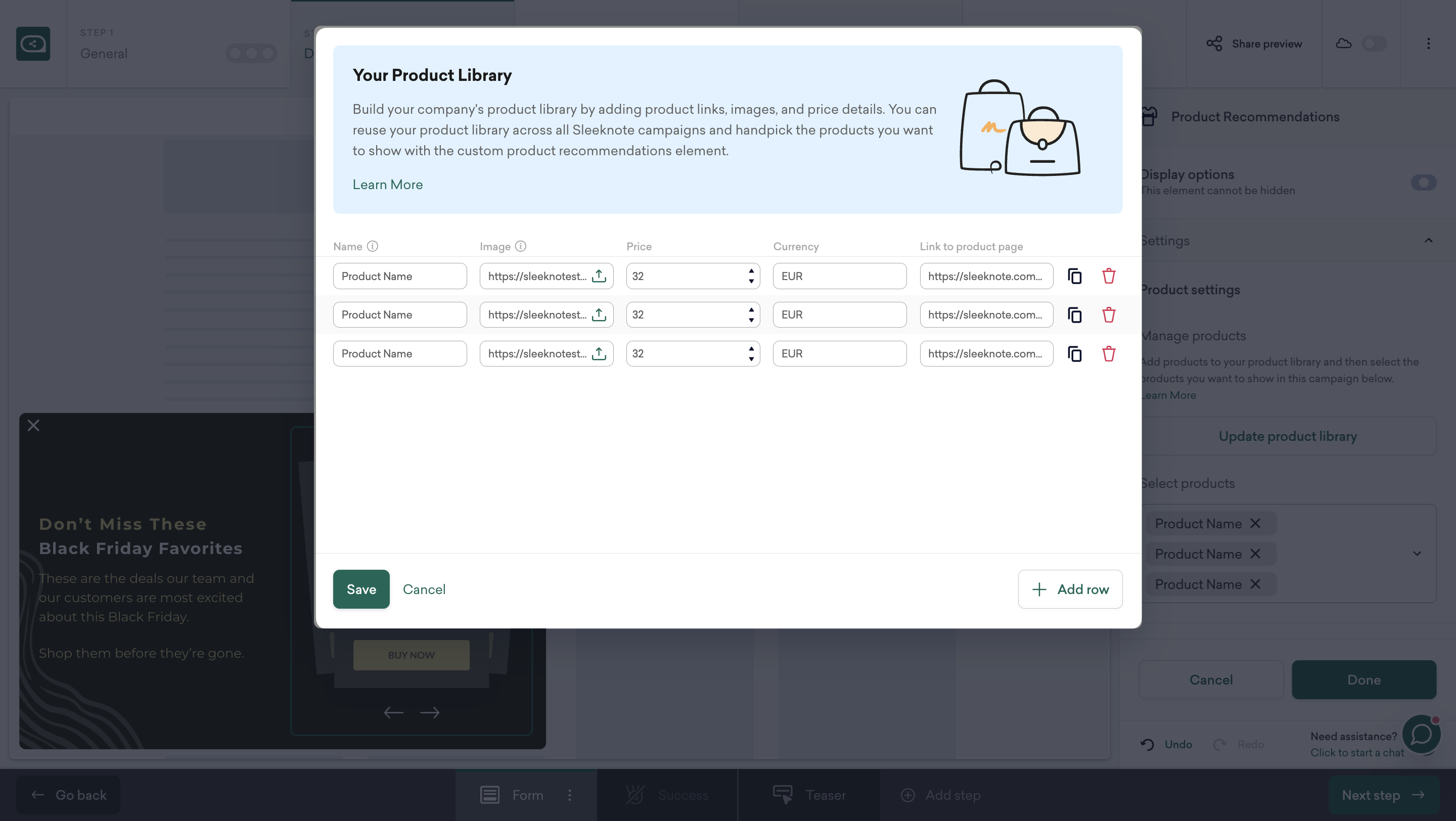 Add products to your Sleeknote catalog with images, names, and links