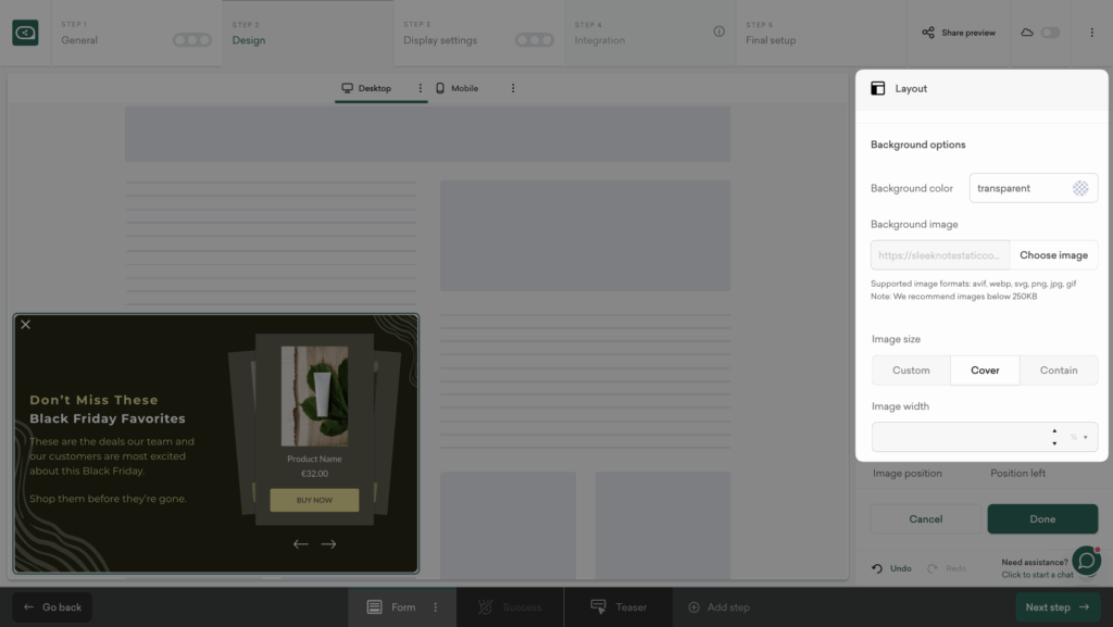 Customize popup layout and background image to match your brand