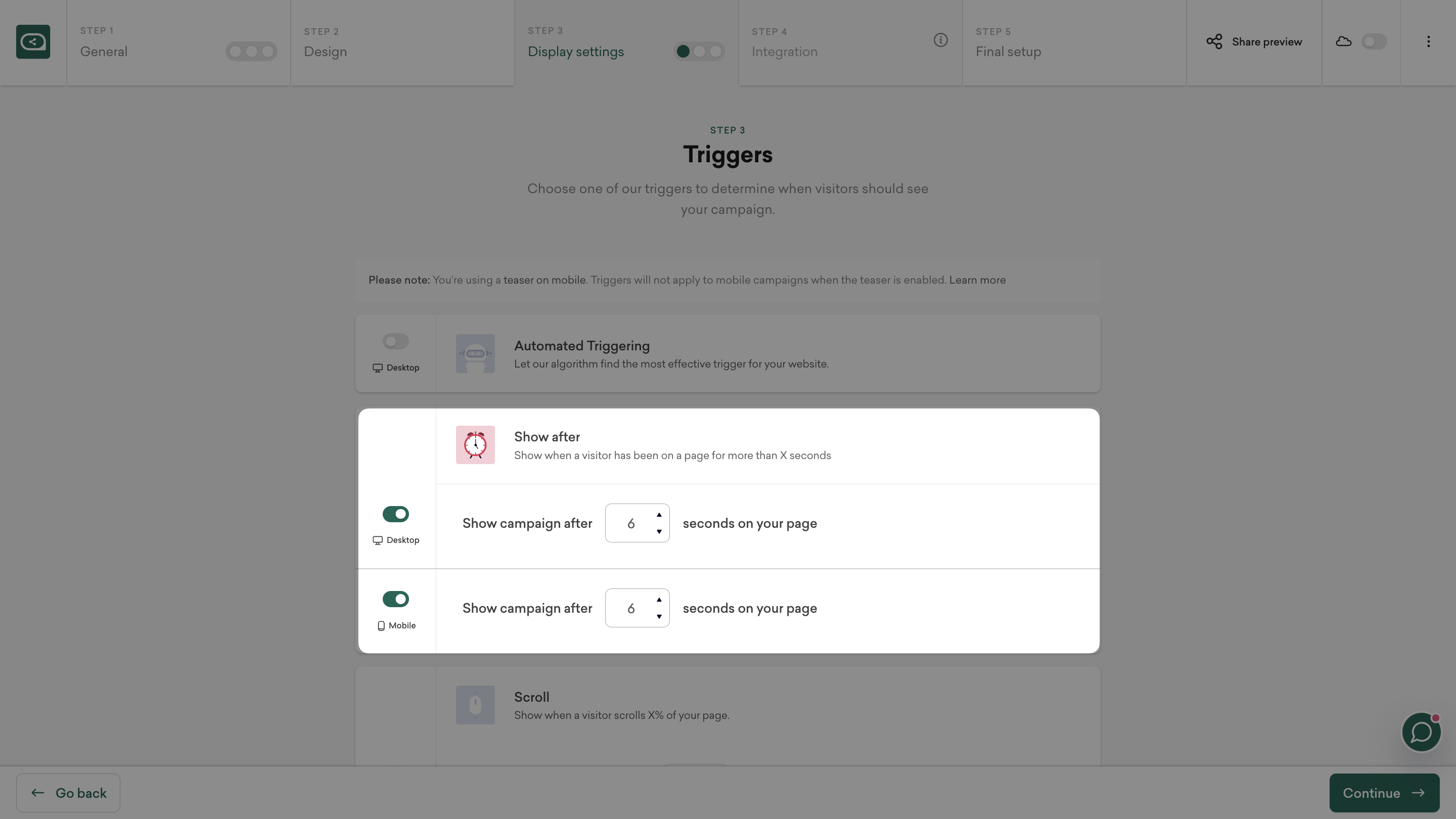 Set trigger conditions for when the popup should appear on-site