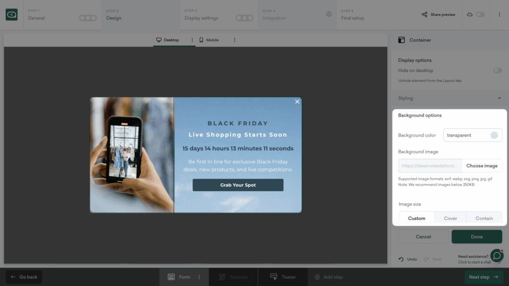 Load the template into your Sleeknote account