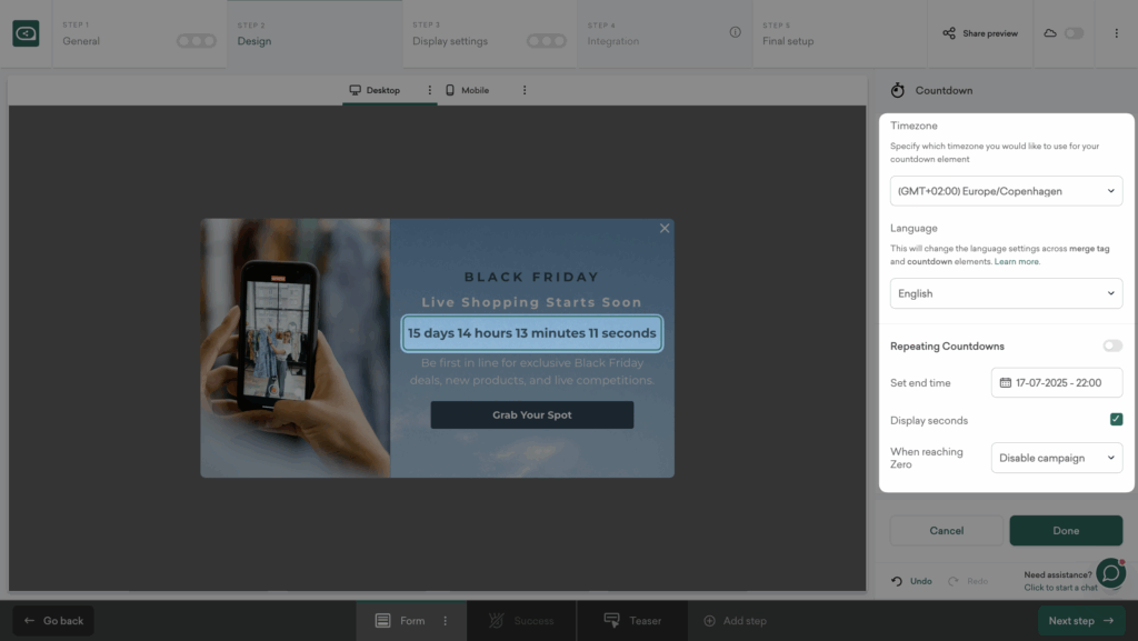 Configure countdown timer in Black Friday live event popup