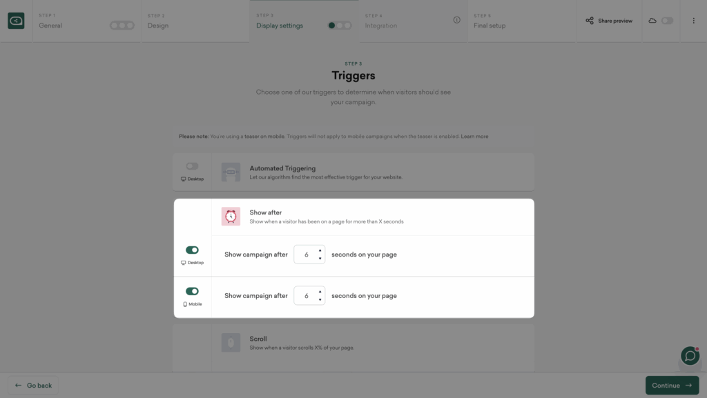 Choose trigger settings