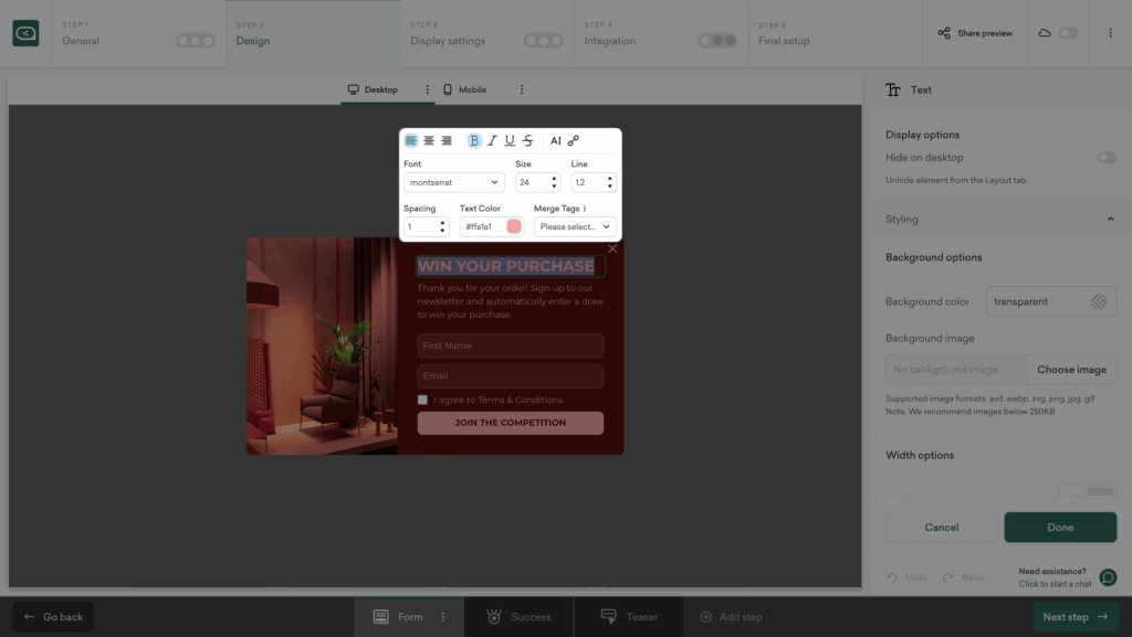 edit post-purchase giveaway popup design