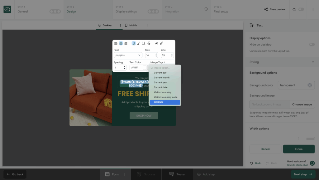 Add merge tags to dynamically show cart progress in the free shipping popup	